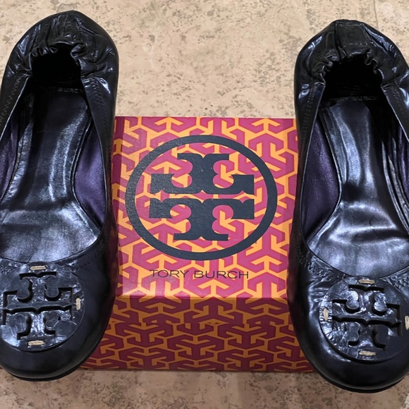Tory Burch Metallic Royal Navy Reva Flats - Picture 1 of 8
